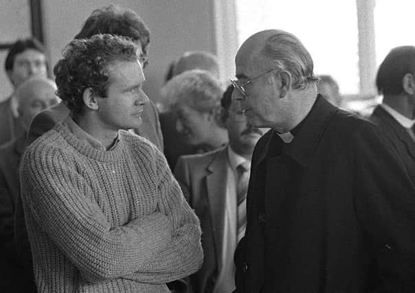 Martin McGuinness pictured during a visit of US bishops to Londonderry in 1984, the year when Mary Travers was murdered leaving Mass in Belfast