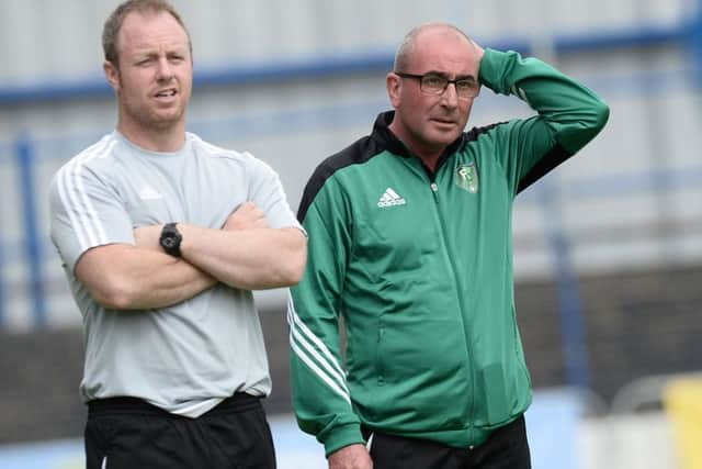 First Choice Soccer Manager Mick Kavangh (right) during today's game at the Showgrounds in Coleraine against Co Lodnonderry