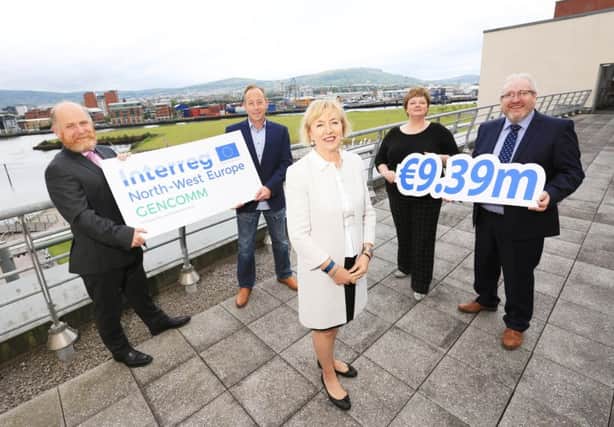 Paul McCormack, GenComm project manager with finance manager Peter Smyth, Marie-ThÃ©rÃ¨se McGivern, Principal and CEO of Belfast Met, Glenny Whitley, GenComm operations and communications manager and Damian Duffy, Belfast Met director of development.