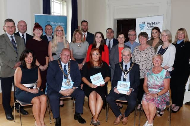 Mayor Cllr. Paul Reid representing Principal Sponsor Mid and East Antrim Borough Council at the launch of the 2017 Ballymena Business Excellence Awards with guests and individual award sponsors
