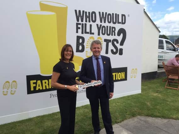 Gina Fusco, Yellow Wellies Farm Safety Campaign Chair of Trustees and Barclay Bell UFU President supporting #FarmSafetyWeek at the Royal Welsh-Show.