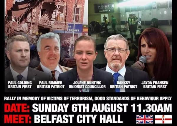 A poster promoting the Northern Ireland against terrorism rally planned for Belfast City Hall next month
