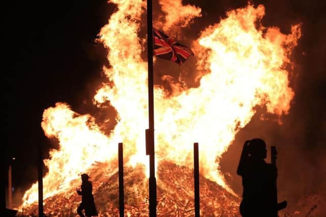 A loyalist bonfire on the Shankill Road in west Belfast