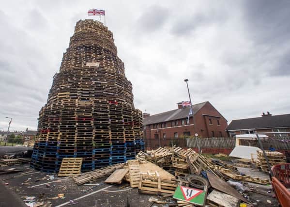 A loyalist bonfire at Bloomfield Walkway in Belfast. Photo: PA Wire