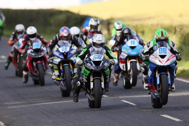 The first attempted start of the Supersport 600 race at Armoy on Friday. Derek McGee (86) was later declared the winner after the race was halted for a second time.