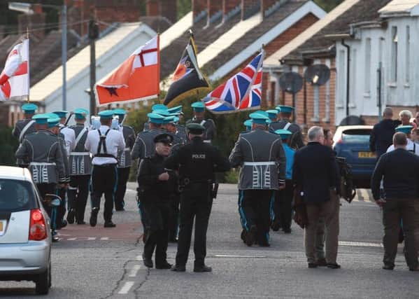 The loyalist parade off the Ormeau Road in south Belfast.