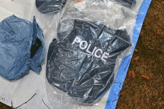 A police vest recovered from a hide in Capanagh Forest.