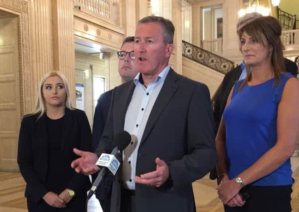 Sinn Fein's Conor Murphy, surrounded by party colleagues, talking to media in Parliament Buildings, Stormont. PRESS ASSOCIATION Photo. Picture date: Monday July 31, 2017. See PA story ULSTER Politics. Photo credit should read: David Young/PA Wire