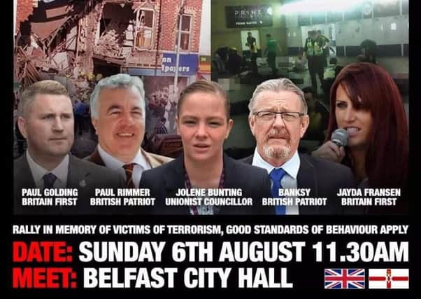 A poster promoting the Northern Ireland Against Terrorism rally planned for Belfast City Hall on Sunday