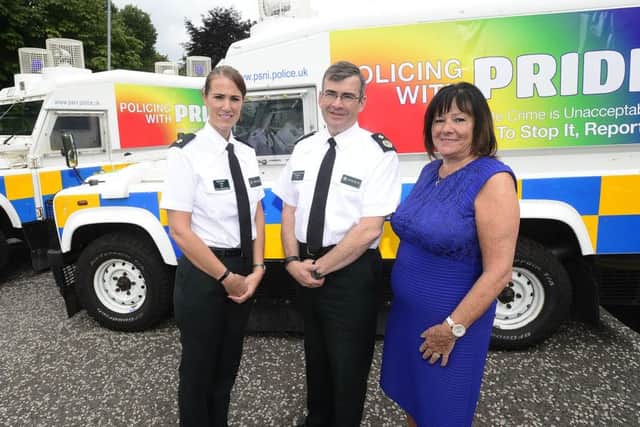 Supt Emma Bond, DCC Drew Harris and Anne Connolly, chair of Northern Ireland Policing Board at the launch of Policing with Pride