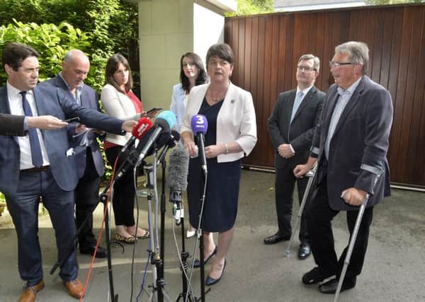 DUP leader Arlene Foster pictured with party members Sammy Wilson, Jeffrey Donaldson and Emmma Pengelly at the Irish consulate in south Belfast for a meeting with Taoiseach Leo Varadkar