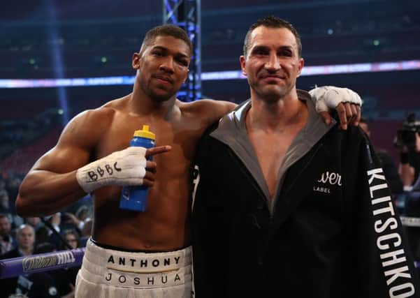 Anthony Joshua post fight with Wladimir Klitschko following the IBF, WBA and IBO Heavyweight World Title bout at Wembley Stadium