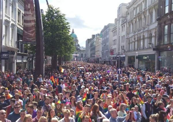 Thousands lined the streets of the city centre for Belfast Pride