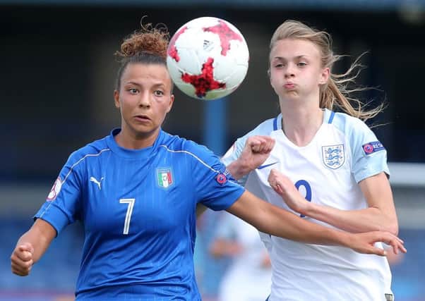 Italy's Arianna Caruso up against Ellie Brazil of England at Mourneview Park in Lurgan during the European Women's Under-19 Championships. Pic by PressEye Ltd.