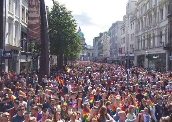 Thousands lined the streets of the city centre for Belfast Pride