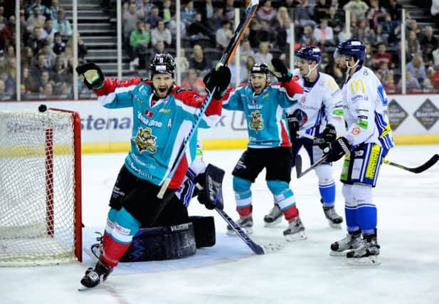 Belfast Giants Jim Vandermeer celebrates scoring against Coventry in the  Elite Ice Hockey League game at the SSE Arena, Belfast. Photo by William Cherry/Presseye