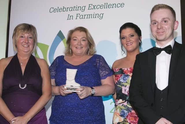 Lorna Robinson pictured with Maureen Currie (Danske Bank), Laura Martin (Farming Life), and Connor McCloy (Creagh Concrete) after receiving her Woman of Excellence award
