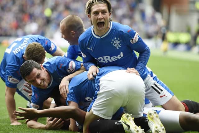 Rangers' Josh Windass (right) celebrates after Alfredo Morelos (obscured) scores