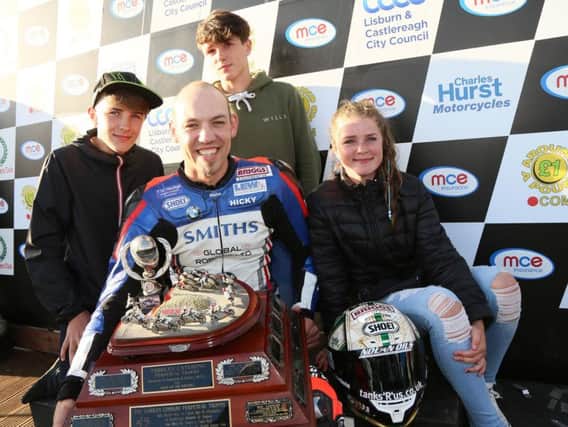 Peter Hickman was named the man of the meeting at the MCE Ulster Grand Prix. He received the Darran Lindsay trophy from Darran's children Ben, Zack and Poppy.