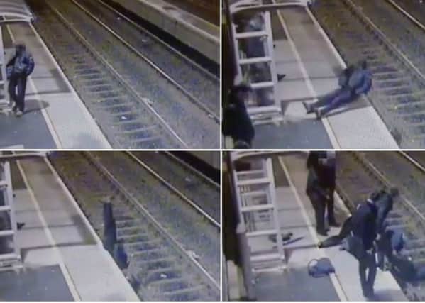 Image of four stills of a man blundering backwards on to a railway track. Taken from the video accompanying this Translink press release and turned into a montage by John Gillespie.

News Release
 
Tuesday, 15th August 2017
Safety First on the Railways this summer
 
CCTV shows level crossings misuse
 
Translink NI Railways is appealing to parents to help reinforce the message that railways are not safe places to play or congregate. During the summer months we see an increase in the number of near misses and unsafe behaviour from members of the public on or near tracks, which puts them at risk of serious injury.
 
Safety is our top priority and we want to maintain our high safety standards for our customers, staff and the wider public.  By working together, we can prevent potentially dangerous incidents of trespass, vandalism and dangerous behaviour on trains, near railway tracks or on station platforms. People who use railway crossings are also reminded to be vigilant at all times, pay attention to warning li