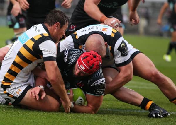 Ulster  Pete  Browne scores a try against Wasps