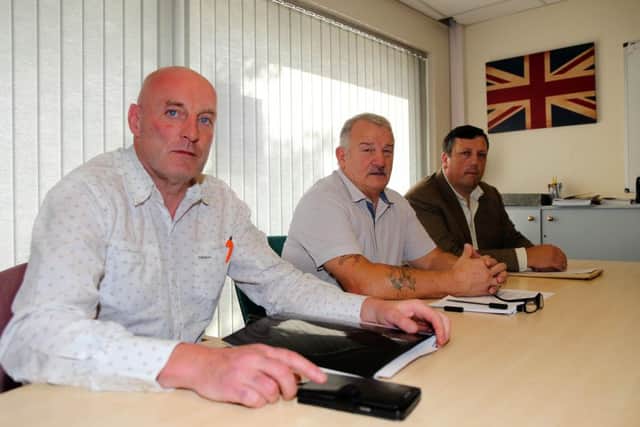 At the RHC statement on Monday: Robin Stewart, of Reach UK, Jim Wilson, chair of Reach UK, and David Campbell of the Loyalist Communities Council