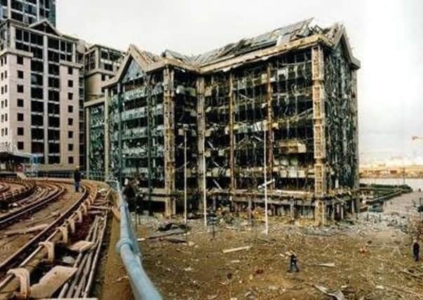 The IRA bomb at Canary Wharf in 1996, which caused devastation, using Libyan semtex