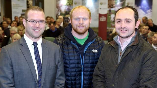 Geoff Thompson, UFU Policy Officer with poultry farmer John McFetridge and Martyn Blair, Chair of the UFU Poultry Committee attending the Avian Influenza roadshow last year.