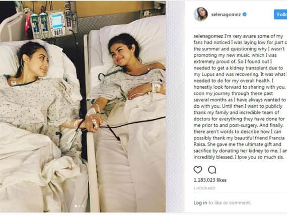 Screen grabbed image taken from the Instagram page of Selena Gomez (right) who has revealed she has undergone a kidney transplant and has thanked her friend who was her organ donor
