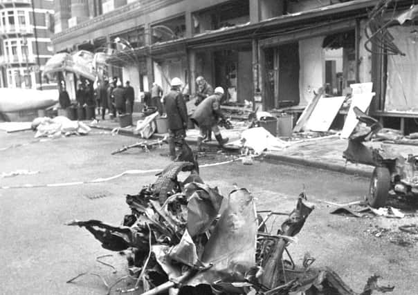 The remains of the Austin 1100 used in the IRA car bomb attack outside Harrods Store, in London in December 1983. The terrorist attack, using Libyan semtex, left three police officers and three members of the public dead. Photo: PA/PA Wire