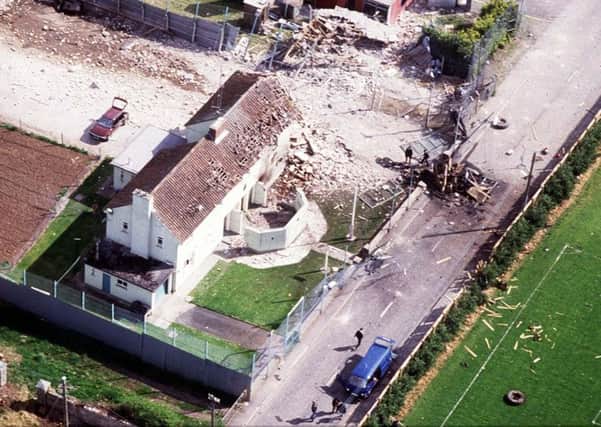 Aerial view of the bullet riddled Hiace van (blue at bottom)after eight IRA men were shot dead by the SAS outside Loughgall RUC station in 1988