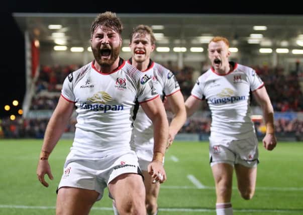 Ulster  John Andrew  celebrates scores the winning try against   Scarlets