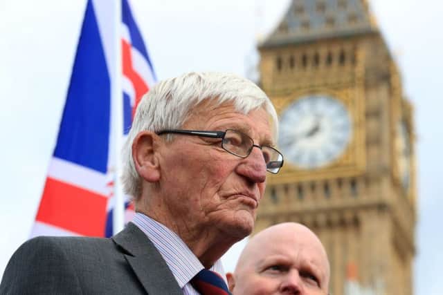 Former British soldier Dennis Hutchings (left), who has been charged over the fatal 1974 shooting of a man in Northern Ireland, takes part in a protest to call for an end to prosecutions of veterans who served during the Troubles, on Horse Guards Parade, London. Photo credit: Gareth Fuller/PA Wire