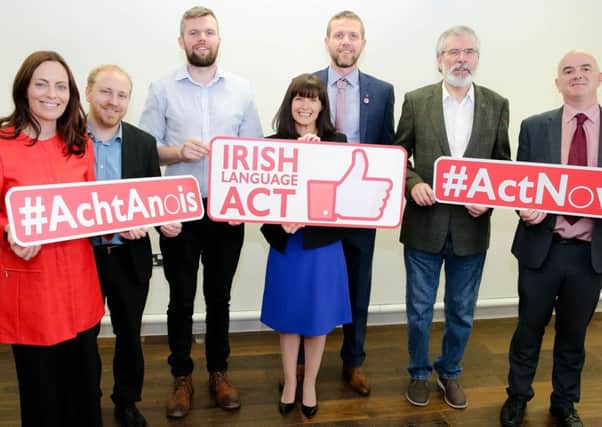 Paula Bradshaw MLA, centre, with others including Gerry Adams at a photoshoot in support of a stand-alone Irish-language act at The MAC, Belfast. 

Picture: Philip Magowan / PressEye
