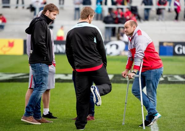 Ulster captain Rory Best talks about his hamstring injury with team mates Chris Henry and Iain Henderson