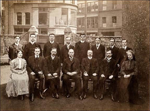 Belfast Senior Library Staff Behind Central Library in 1909. Thomas Coulson and John B. Goldsbrough are 2nd and 3rd from left, front row.