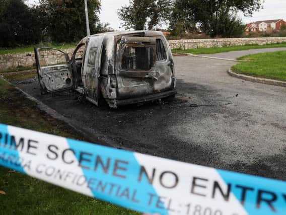 A burnt out vehicle at Verschoyle Green, Tallaght, south Dublin, which Garda believe may be connected with the shooting dead of a man last night.