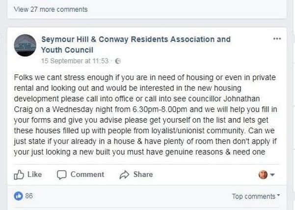 The original Facebook message posted by Seymour Hill and Conway Residents' Association.