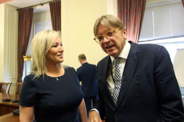 Handout photo issued by Sinn Fein of Michelle O'Neill with the European Parliament's chief Brexit negotiator Guy Verhofstadt at Stormont in Belfast.
