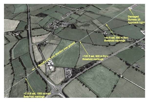 Image from the report, compiled using Google images, showing the flight path of the aircraft over farms and roads. The writing in the top right indicates the area where the light was hit.