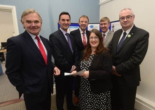 Barry Mulholland, chief executive, and Mark Orr, chairman, joined by Derek Baker, permanent secretary at the Department of Education, DUP MLA Mervyn Storey, UUP MLA Stephen Aiken and (front) Alliance MLA Kellie Armstrong pictured at the CSSC event in Stranmillis