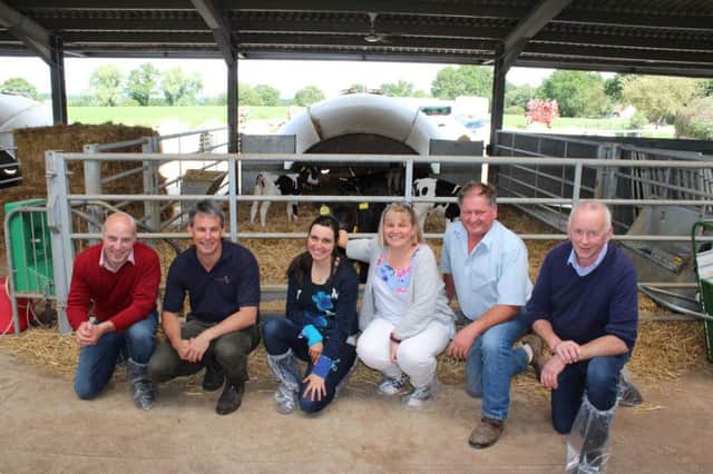 Discussing the benefits of calf igloos are, from left, Barry O'Loughlin, Gorteade Farm Care; Matthew Pugh, Belmont Farm Vets; Sonia Serramia, veterinarian; Emma Roberts, Uphampton Farm, Leominster, Herefordshire; Fred Simcock, Woolfield Farm, Ledbury, Herefordshire and Conor Casey, Cloughmills, Co Antrim