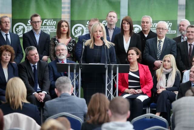 Sinn Fein hold their candidate launch in February for the assembly election in March led by Michelle O'Neill. Of 34 candidates later questioned in a survey, five claimed fluency in Irish; five had near fluency; five said had conversational ability. Nineteen claimed words and phrases. 

Picture by Jonathan Porter/PressEye.com