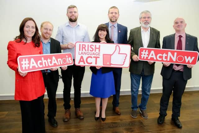 Alliance MLA Paula Bradshaw, centre, pictured at an event last month with Gerry Adams and others demanding an Irish language act. She was one of the Alliance assembly candidates to have no knowledge of Irish.

Picture by Philip Magowan/PressEye