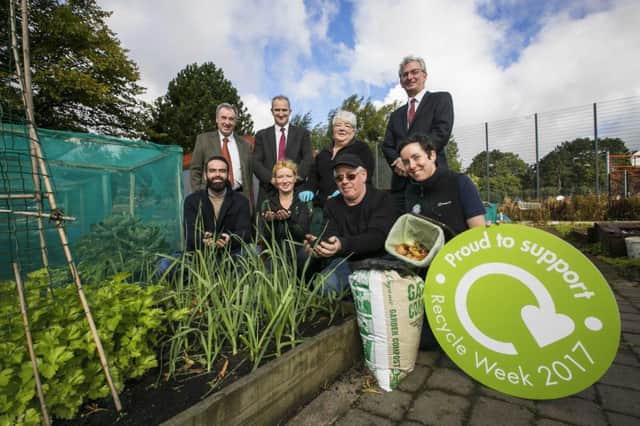 Recycle Week begins: Householders are encouraged to recycle more food waste during recycle week and to continue it as part of their daily routine. Launching 'Recycle Week' at Woodvale Community Garden, Belfast are; (Back row left-right) Philip Mc Murray, DAERA; David Small, Chief Executive NIEA, Winnie Spence, Chairperson Woodvale Community Garden and Dr Ian Garner, WRAP NI. (Front Row left-right) Caolan Woods, Natural World Products; Celine Magill, Natural World Products; Tommy Young, Gardener; Mary Brady, Belfast City Council. Photo Brian Morrison