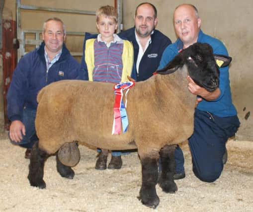 Overall Champion and first placed ram lamb from H & D McCaughan Ballyrock.  Including sponsor Philip Gurney from Natural Stockcare and Judge Dennis Taylor with young son Noah