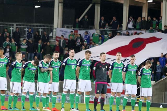 Northern Ireland players line up before last November's match against Azerbaijan at the National Stadium at Windsor Park