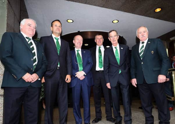 DREAM TEAM: Declan Madden (Chairman of Management Committee), An Taoiseach Leo Varadkar, Shane Ross TD (Minister for Transport, Tourism and Sport), Philip Browne (Chief Executive IRFU), Dick Spring (Ireland 2023 Bid Chairman) and Philip Orr (IRFU President) arriving to make the Ireland bid to host the Rugby World Cup 2023