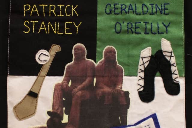 A patch on a memorial quilt to victims of the Troubles, marking the murder of Patrick Stanley (16) and Geraldine O'Reilly (15) who died in the loyalist bomb attack on Belturbet in 1972.