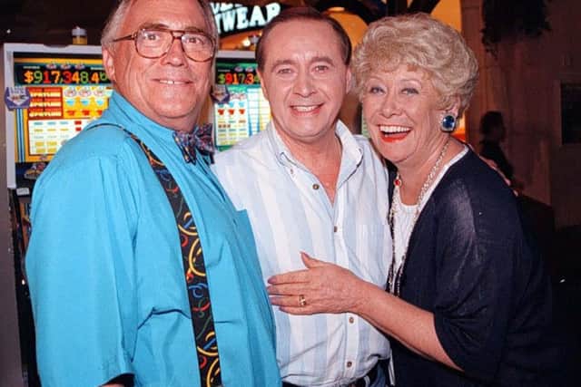 A file photofrom 1997 of Jack (left) and Vera Duckworth (Bill Tarmey and Liz Dawn) meeting up with Street veteran Ray Langton (actor Neville Buswell) in the gambling capital of the World, Las Vegas. Coronation Street actress Liz Dawn, who played Vera Duckworth in the soap, has died, her family has said